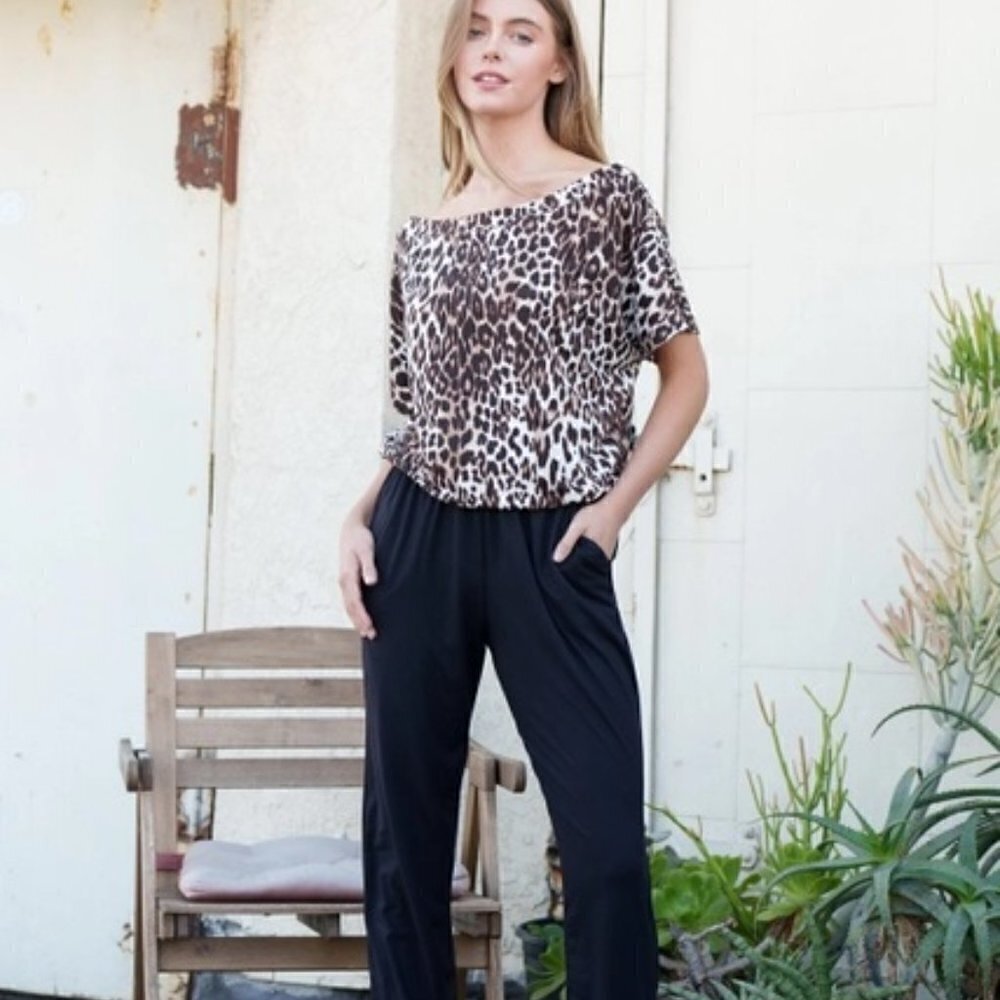 Eldridge Fashion Short Sleeve  Leopard Print Twofer Jumpsuit NEW